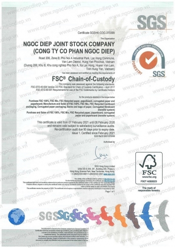 Bao bì Ngọc Diệp đạt chứng nhận chuỗi hành trình sản phẩm FSC®-COC